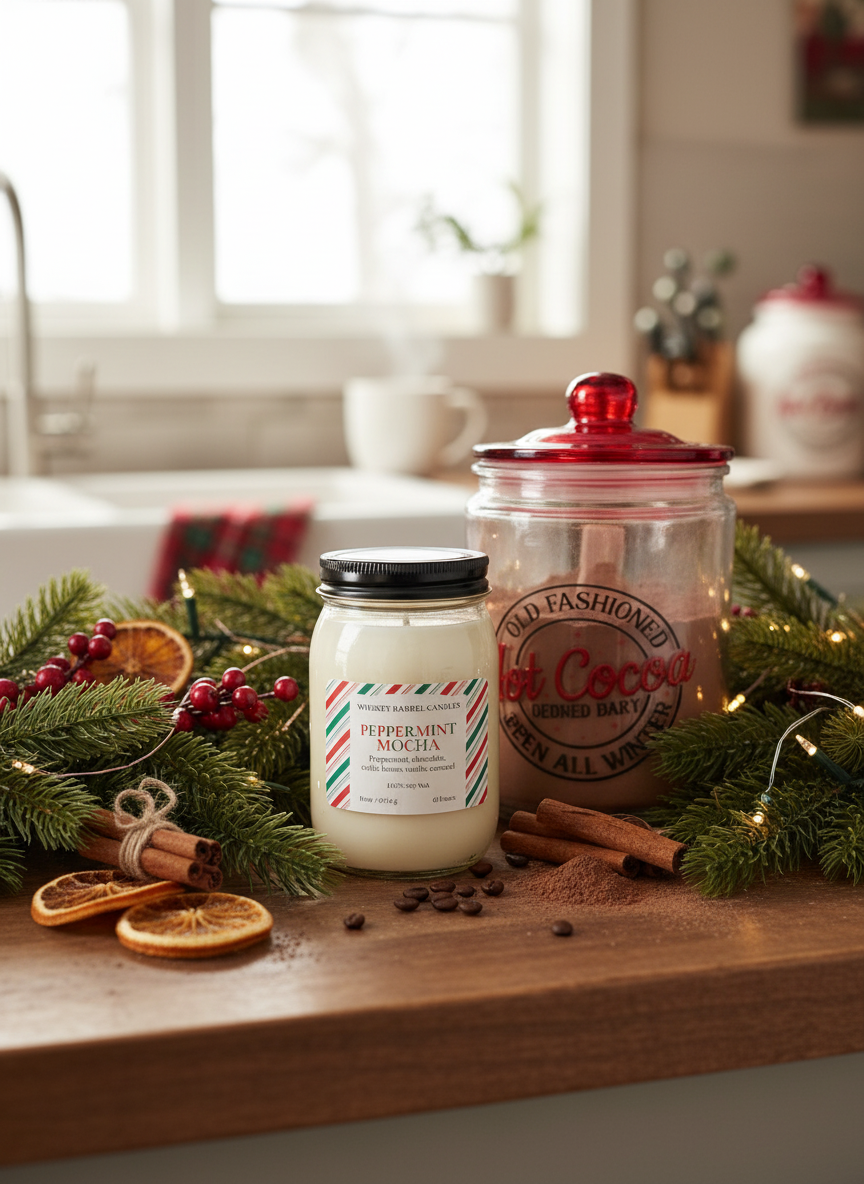 16oz Peppermint Mocha Holiday Candle surrounded by cozy winter décor, cocoa accents, and festive greenery.